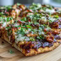 Smoky BBQ chicken flatbread pizza with melted mozzarella, red onion, and bell peppers, ready for a summer dinner.  