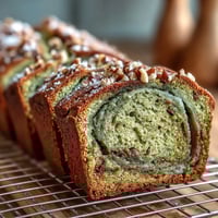Moist banana bread with a vibrant matcha swirl, perfect for tea time or breakfast.  