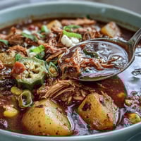 Hearty Kentucky Derby Burgoo Stew with tender meats and vegetables in a savory broth, perfect for festive gatherings.  