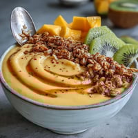 Vibrant mango chili lime smoothie bowl with tropical fruit, crunchy granola, and a spicy kick.  