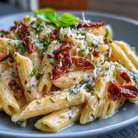 Creamy Marry Me Pasta with sun-dried tomatoes and parmesan in a rich, velvety sauce, garnished with fresh basil.