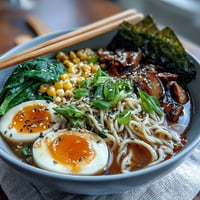 A steaming bowl of homemade miso ramen with rich broth, soft-boiled egg, and fresh vegetables.