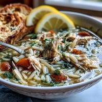 Creamy Greek lemon chicken soup with tender shredded chicken, orzo pasta, and a bright, tangy egg-lemon broth.  