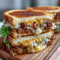 Juicy Cheeseburger Grilled Cheese with melty cheddar, golden toasted bread.