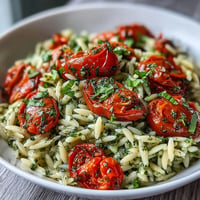 A vibrant Pesto Orzo with Cherry Tomatoes, glistening with olive oil and cheese.