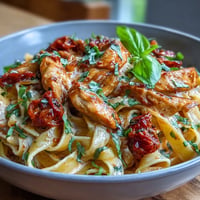 Creamy tomato basil chicken pasta glistening in rich, velvety red sauce.