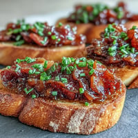 Brown Sugar Tomato Bacon Jam Toasts piled high with savory jam on crispy baguette slices.