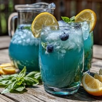 Vibrant blueberry lemon basil lemonade served over ice with fresh basil garnish.