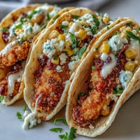 Golden crispy chicken street corn tacos with vibrant toppings on warm tortillas.