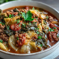 Hearty cabbage roll soup with tender vegetables and savory beef, paired with toasty garlic bread.